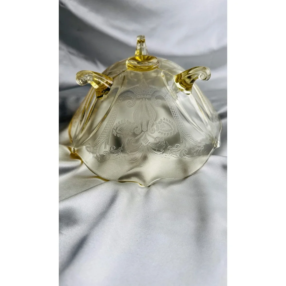 Lancaster Landrum Topaz Yellow Etched Glass 3 Footed Bowl Scalloped 8.5